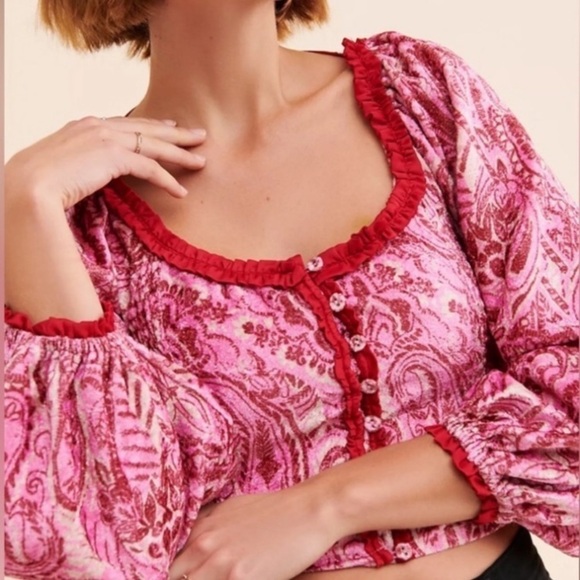 Free People Dare Me Velvet Smocked Blouse In Retro Combo. NWT! Sz S - Picture 2 of 12